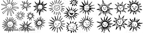 Cartoon hand drawn sun drawing with a black background. Monochrome isolated doodle sun drawing.