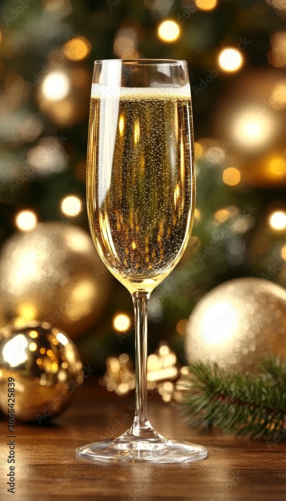 Sparkling Wine Glass Against Christmas Tree With Golden Ornaments and Twinkling Lights Sparkling Wine Glass Against Christmas Tree With Golden Ornaments and Twinkling Lights