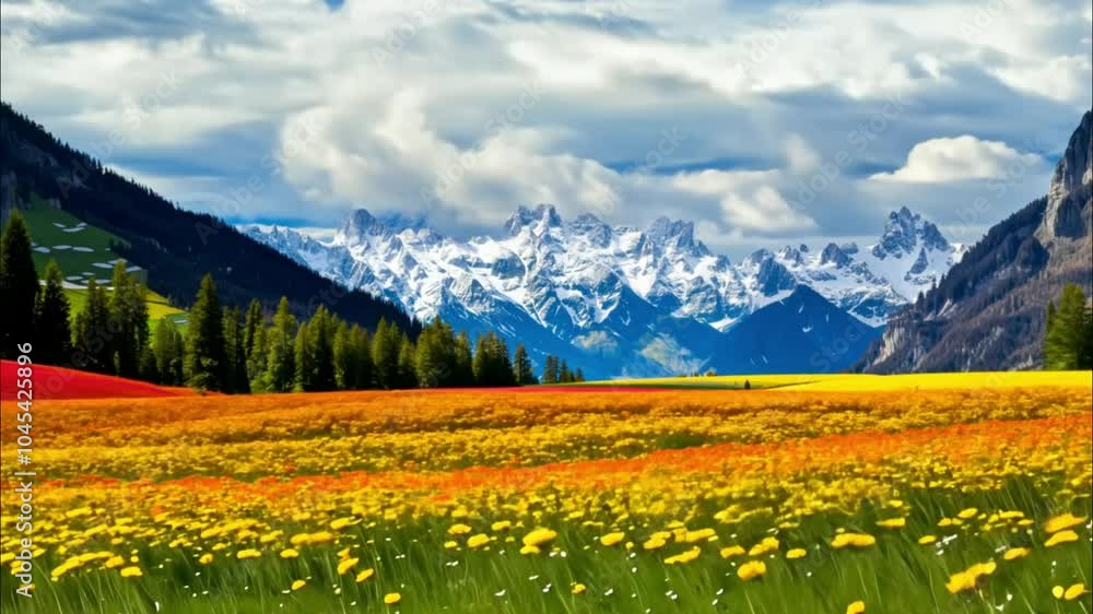 Time Lapse of a Vibrant Wildflower Meadow Transforming from Day to Night, Majestic Snow Capped Mountains in the Background Time Lapse of a Vibrant Wildflower Meadow Transforming from Day to Night, Majestic Snow Capped Mountains in the Background