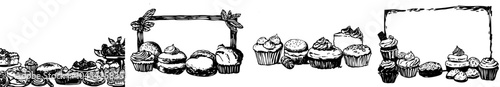 An illustration featuring baked goods and desserts. A style that would work well for menu borders, recipe cards, or culinary themed illustrations.