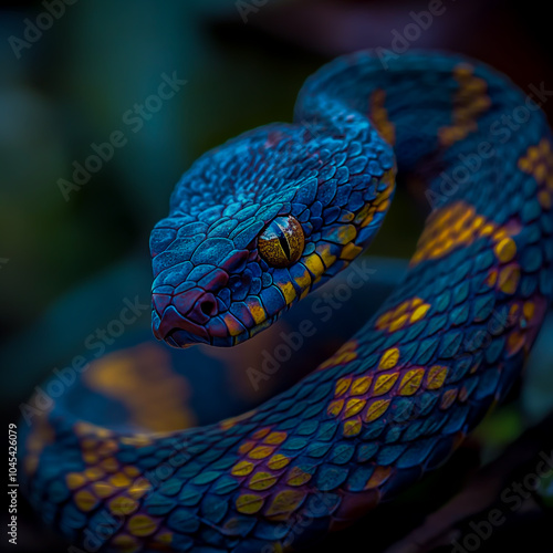 Blue pit viper snake native to Indonesia, showcasing its vibrant color and intricate patterns