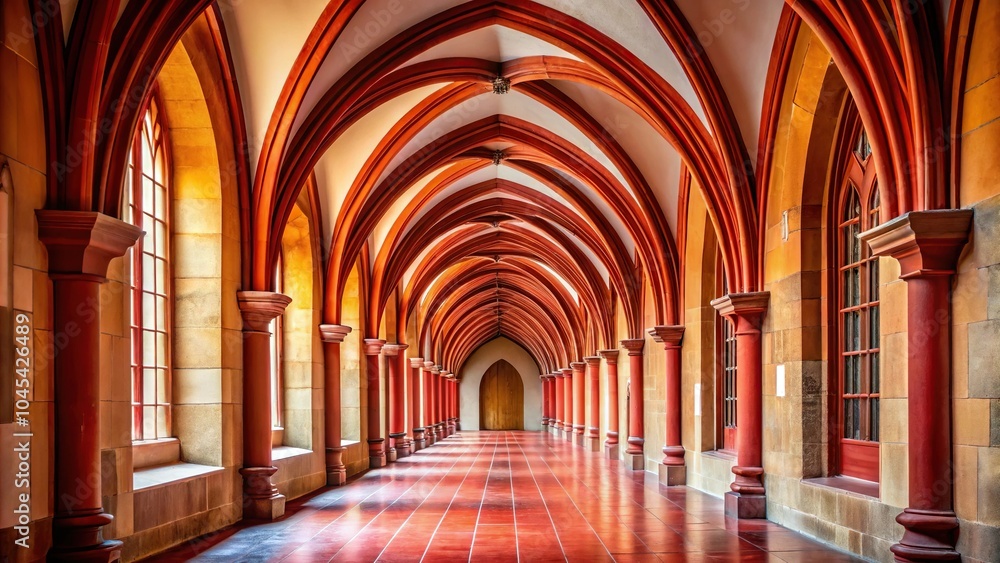Monastery hallway with wooden red arches in Depth of Field Monastery hallway with wooden red arches in Depth of Field