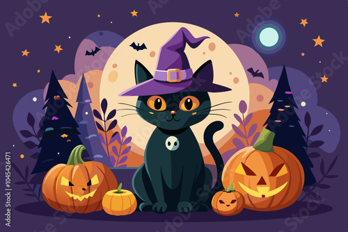 halloween cat background with pumpkin