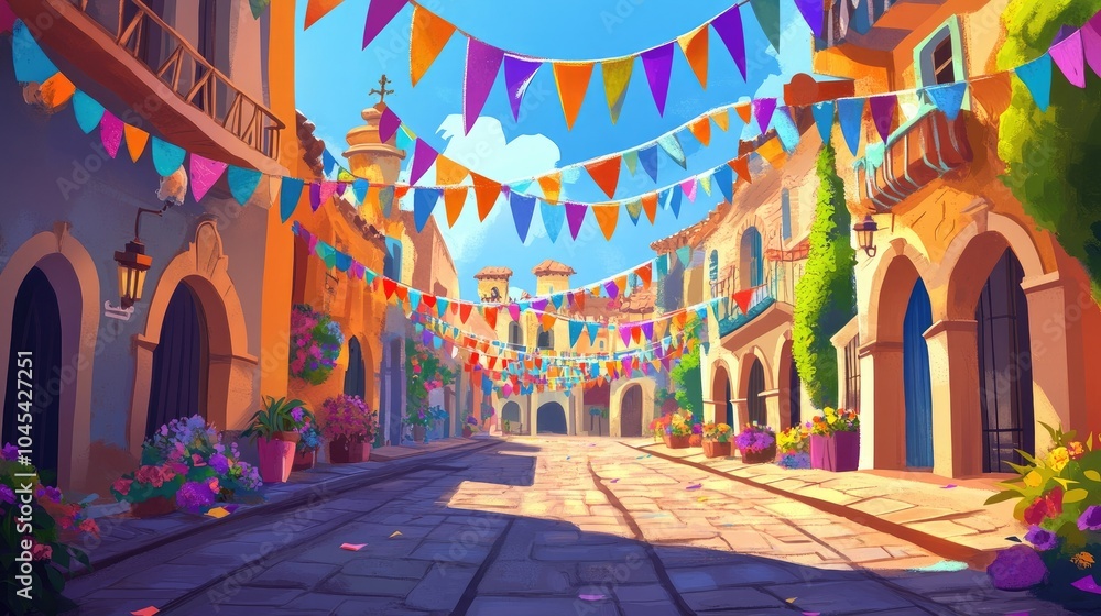 Obraz premium A vibrant cartoon of a European festival with colorful streamers and banners, with ample room for text