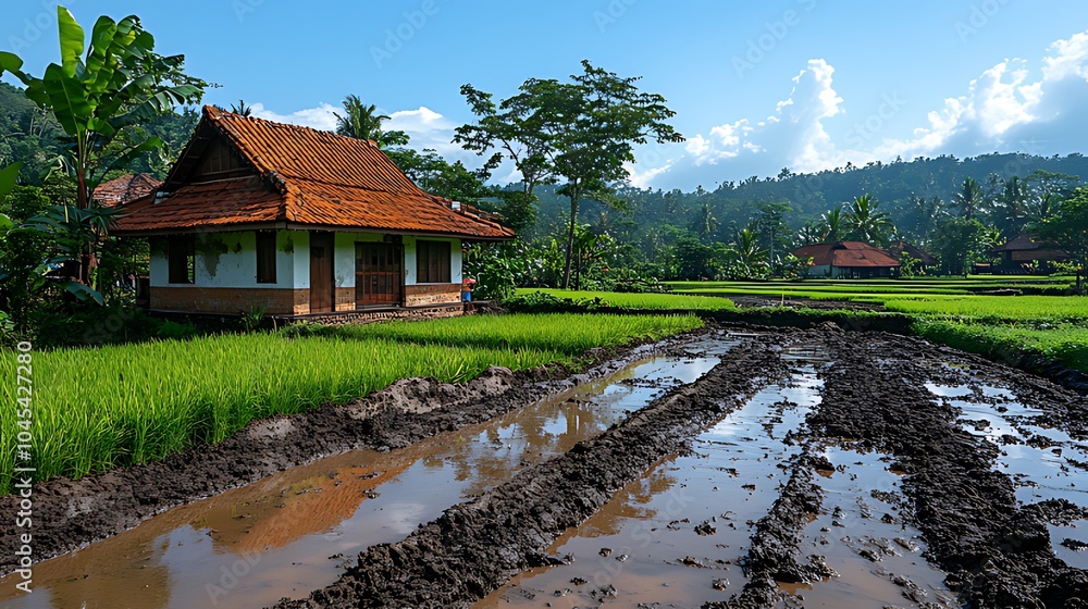 Fototapeta premium A traditional Indonesian house with a tiled roof sits on the edge of a rice paddy field with muddy water reflecting the blue sky.