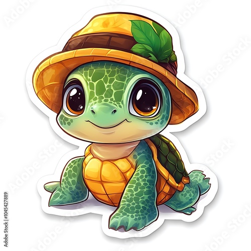 Cute Baby Turtle with Tiny Hat and Leaf Accessory photo