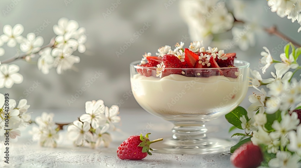 A glass dessert bowl filled with vanilla pudding topped with sliced strawberries and white blossoms. A glass dessert bowl filled with vanilla pudding topped with sliced strawberries and white blossoms.