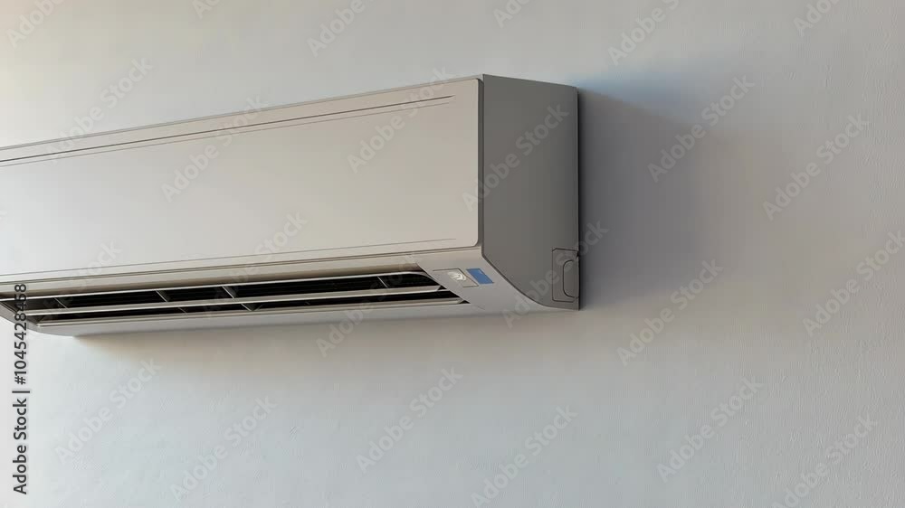 A modern air conditioner is mounted on a white wall A modern air conditioner is mounted on a white wall