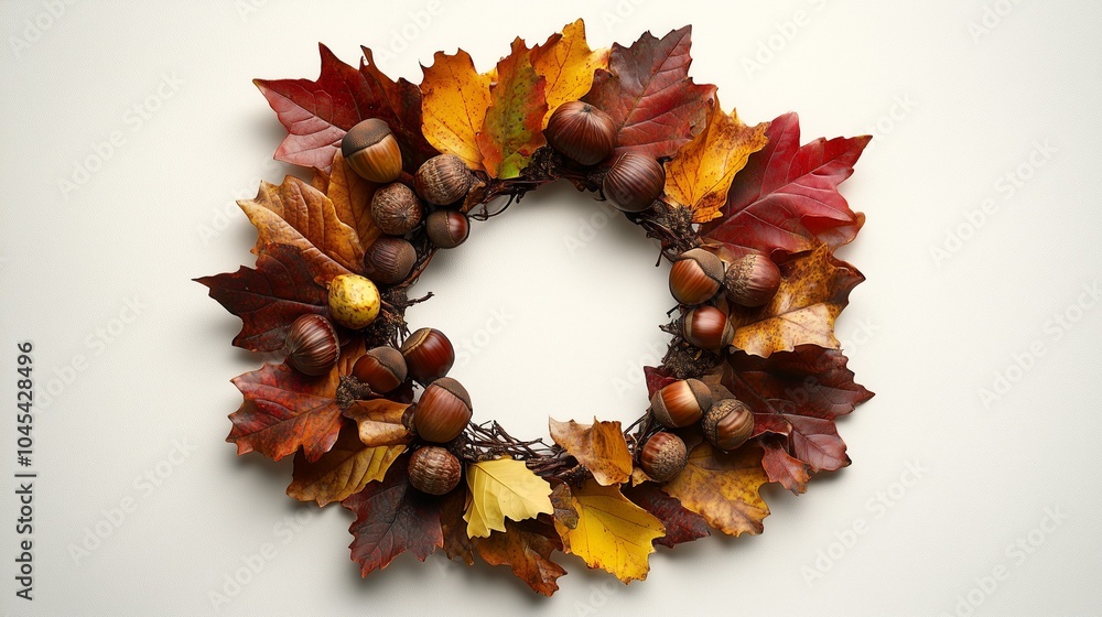 Autumn leaves, acorns and chestnuts arranged in a circle on a white background