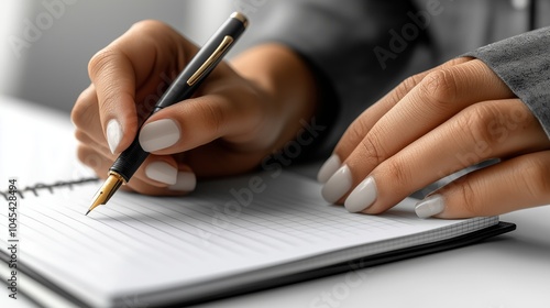 Office manager writes plans for the working day in a notebook at a meeting