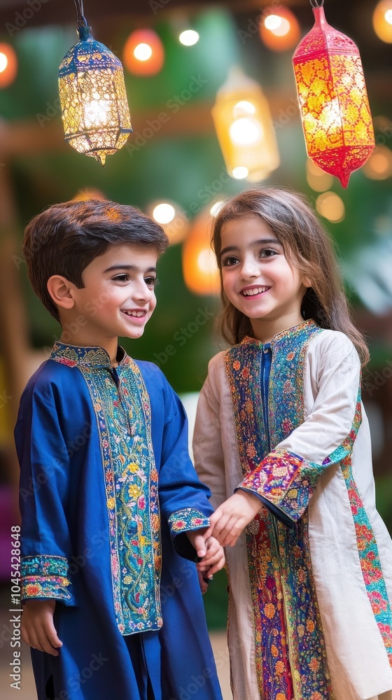 Kids in traditional attire happily play outside a decorated mosque during Eid al-Adha Kids in traditional attire happily play outside a decorated mosque during Eid al-Adha