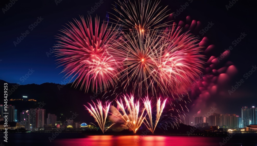 Beautiful firework display for celebration on the river Beautiful firework display for celebration on the river