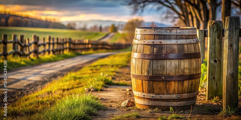 Fototapeta premium Old whiskey barrel leaning against a rustic wooden fence in a rural landscape, weathered wood, rural landscape, rustic, old barrel