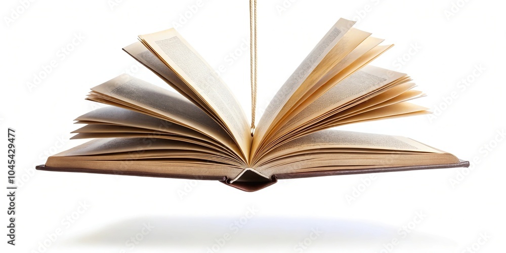 Fototapeta premium Open book floating in the air isolated on a white background with reflection below