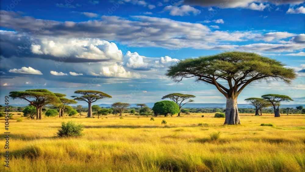 Open grassland with scattered acacia trees and a few baobabs in the background, wildlife photography, wild grasses, insects, bushes Open grassland with scattered acacia trees and a few baobabs in the background, wildlife photography, wild grasses, insects, bushes