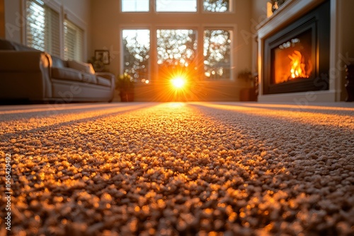 A Low-Angle View of a Carpet with Sunlight Streaking Through Windows photo