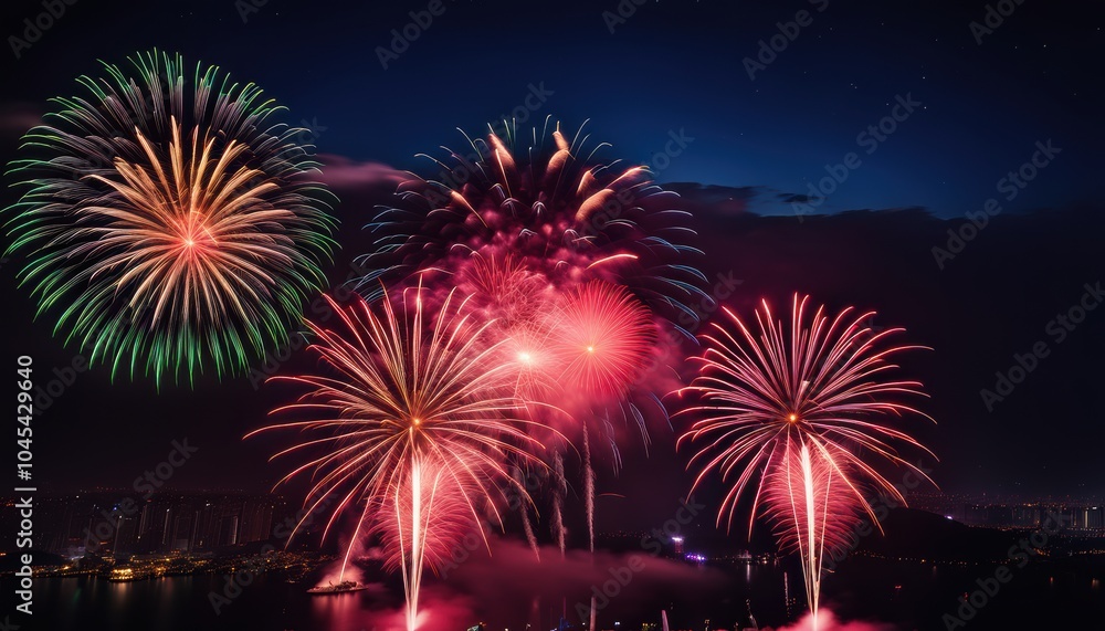 Beautiful firework display for celebration on the river Beautiful firework display for celebration on the river