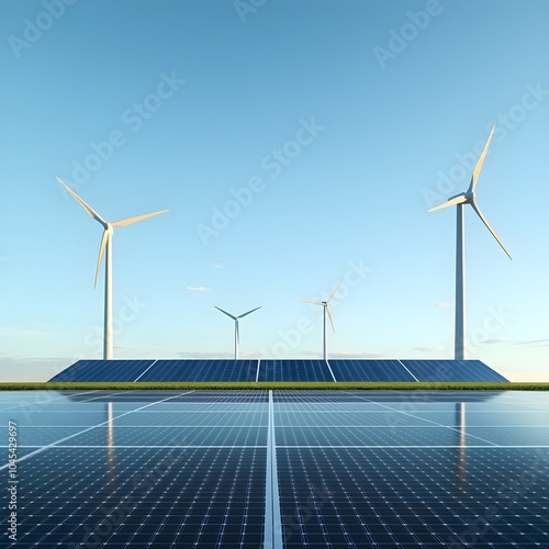 Renewable energy landscape with wind turbines and solar panels