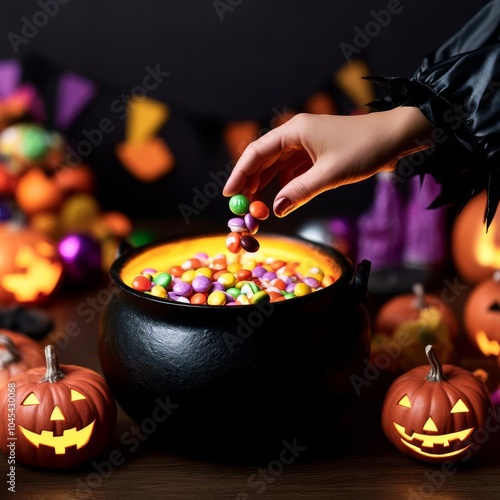 Close-up of a witch's hand dropping candy into a glowing cauldron, creepy decorations all around, Halloween trick-or-treat, mystical details