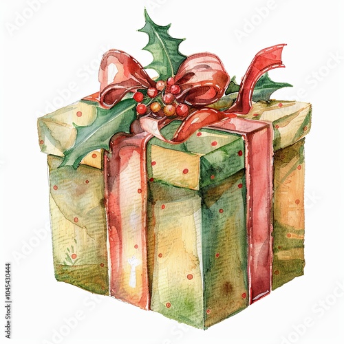 A watercolor illustration of a wrapped Christmas present in green and gold tones, tied with a red ribbon, adorned with holly leaves and berries. Festive and elegant holiday design