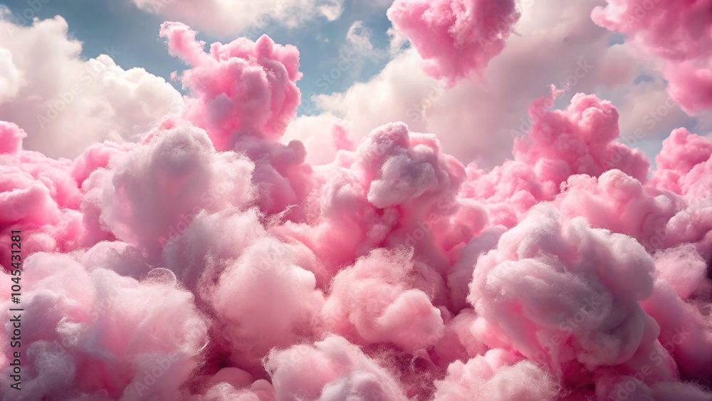 pink cotton candy cloudscape with fluffy cloud formation against blue sky pink cotton candy cloudscape with fluffy cloud formation against blue sky