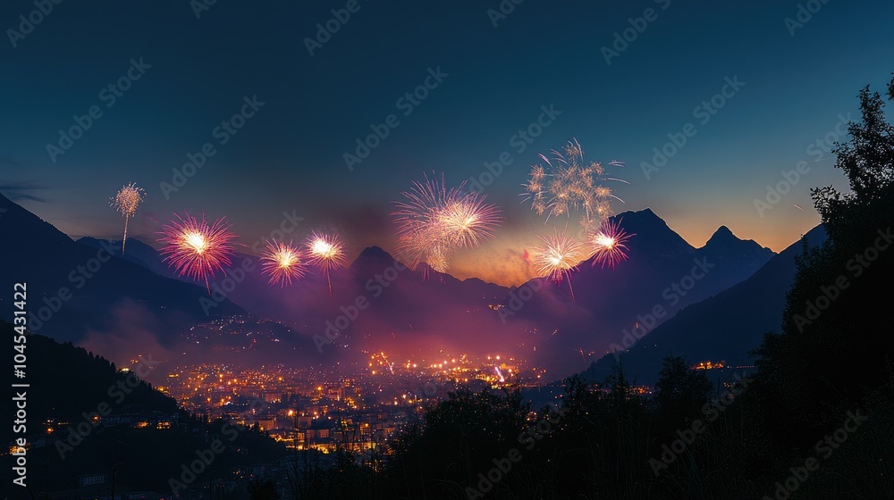 Bright fireworks over a mountain range, lighting up the night with copy space Bright fireworks over a mountain range, lighting up the night with copy space