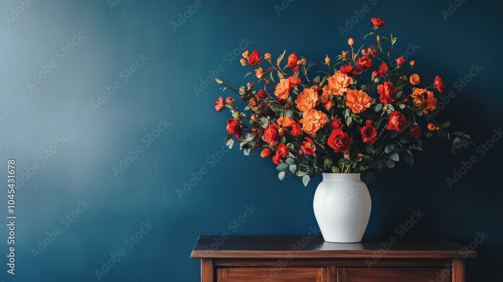 Modern home decor with vibrant floral accents--red and orange flowers in a white vase on a wooden cabinet, contrasted by a deep blue wall Modern home decor with vibrant floral accents--red and orange flowers in a white vase on a wooden cabinet, contrasted by a deep blue wall