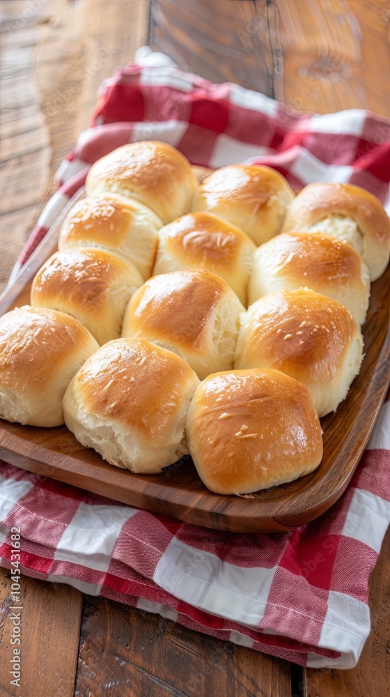 A platter of freshly baked, golden brown dinner rolls, arranged neatly on a wooden serving tray, and topped with a sheen of butter. The rolls are displayed on a checkered red and white cloth. A platter of freshly baked, golden brown dinner rolls, arranged neatly on a wooden serving tray, and topped with a sheen of butter. The rolls are displayed on a checkered red and white cloth.