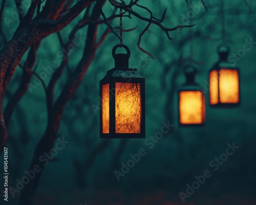 Vintage Halloween Lanterns Hanging from Twisted Tree