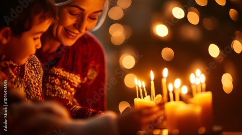 Grandmother and grandson celebrating with candles during the holidays