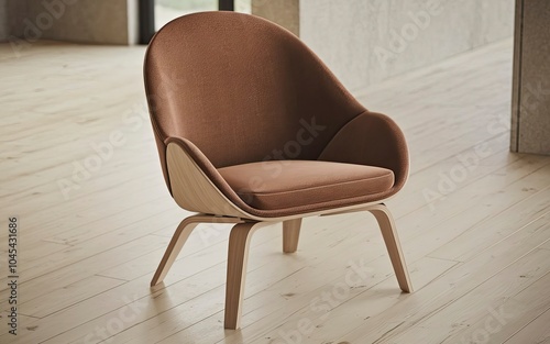 A chair that has a brown cushion and is sitting on a wooden floor.