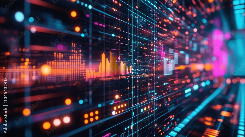 Neon-infused futuristic technology background featuring a glowing HUD display with 3D graphs and data points Neon-infused futuristic technology background featuring a glowing HUD display with 3D graphs and data points