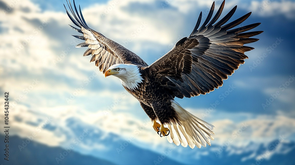 Fototapeta premium Eagle soaring through a bright blue sky, wings fully spread, with ample open sky for copy space.