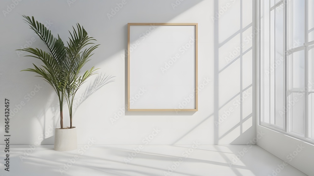 Blank mockup template of a framed artwork with a natural wood frame hanging in a bright, minimalistic gallery. Blank mockup template of a framed artwork with a natural wood frame hanging in a bright, minimalistic gallery.