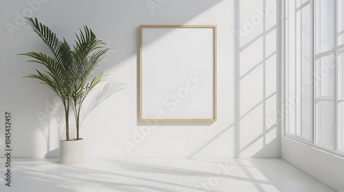 Blank mockup template of a framed artwork with a natural wood frame hanging in a bright, minimalistic gallery.