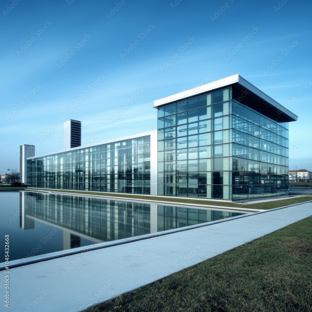 Modern Office Building Exterior with Glass Facade, Surrounded by Greenery on a Sunny Day. Modern Office Building Exterior with Glass Facade, Surrounded by Greenery on a Sunny Day.