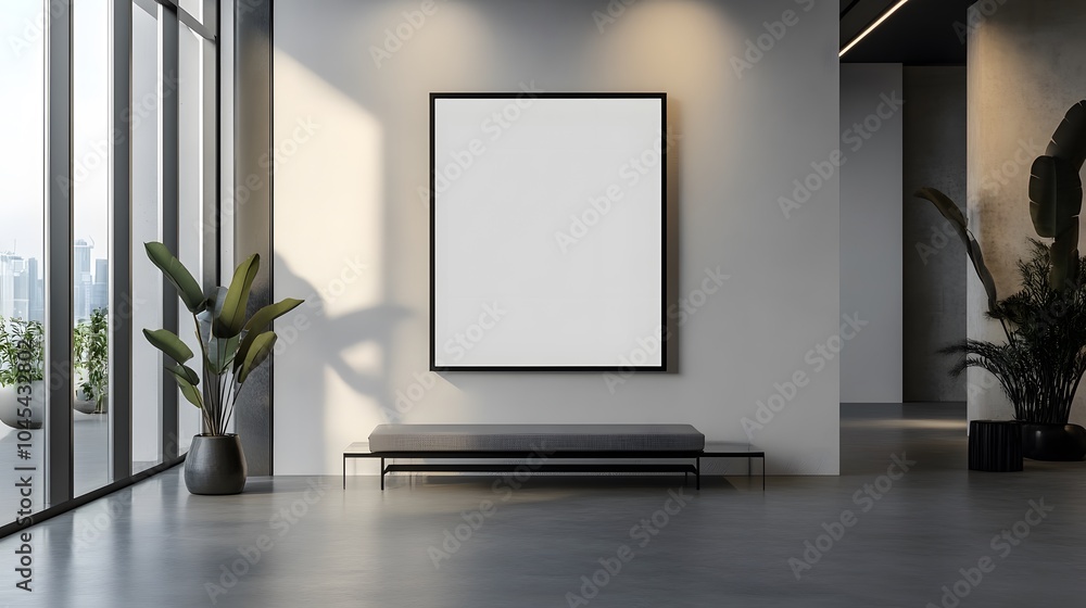 Blank mockup template of a slim, black-framed artwork in a sleek, modern gallery with minimal decor and soft lighting. Blank mockup template of a slim, black-framed artwork in a sleek, modern gallery with minimal decor and soft lighting.