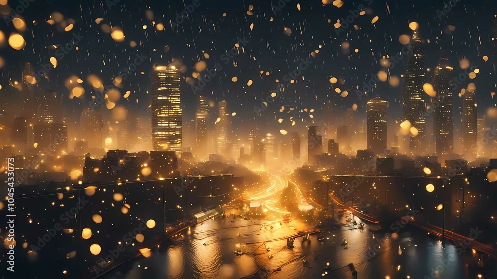 Fototapeta premium Blurry city shapes blend into darkness, while floating gold confetti enhances the enchanting nighttime scene