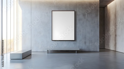 Blank mockup template of a framed artwork on display in a modern minimalistic gallery, illuminated by natural light.