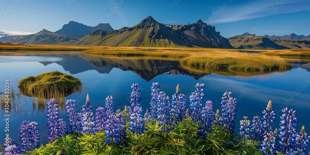Naklejka premium A scenic view of a tranquil lake surrounded by lush green mountains and a field of purple lupine flowers.