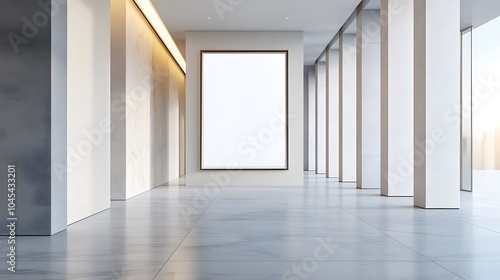 Blank mockup template of a slim, metal-framed artwork in a sleek minimalistic gallery with soft ambient lighting.