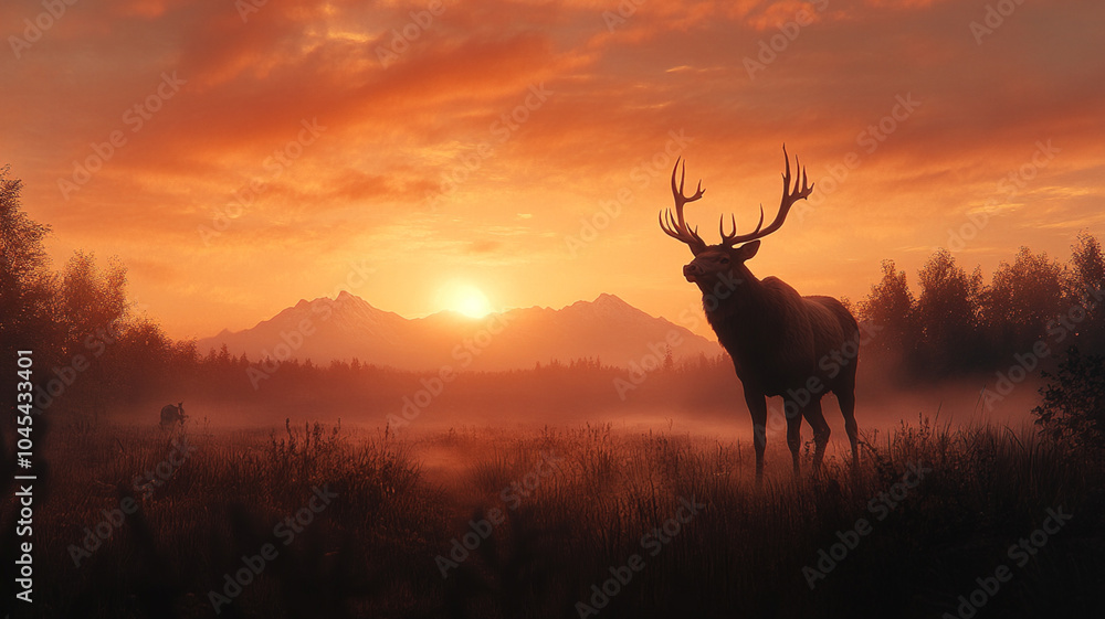 A majestic elk standing tall in a misty valley at sunrise, mountains in the background and a wide open sky for copy space. A majestic elk standing tall in a misty valley at sunrise, mountains in the background and a wide open sky for copy space.