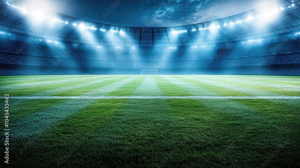 Powerful stadium lights beam down on the soccer pitch, their bright glow creating a vibrant and intense environment for the match. Powerful stadium lights beam down on the soccer pitch, their bright glow creating a vibrant and intense environment for the match.