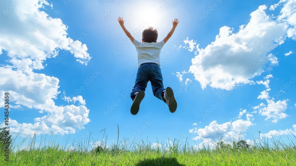 A child joyfully jumps against a bright blue sky, surrounded by fluffy clouds and lush green grass, capturing the essence of freedom and happiness. A child joyfully jumps against a bright blue sky, surrounded by fluffy clouds and lush green grass, capturing the essence of freedom and happiness.