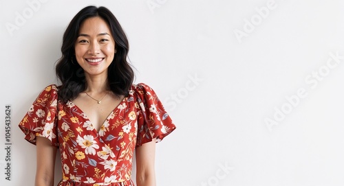 Hand drawing clipart of a woman in a floral dress, smiling on plain white background