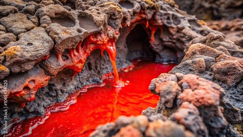 reddish slime oozing from cracks in volcanic rocks, red, rock photo