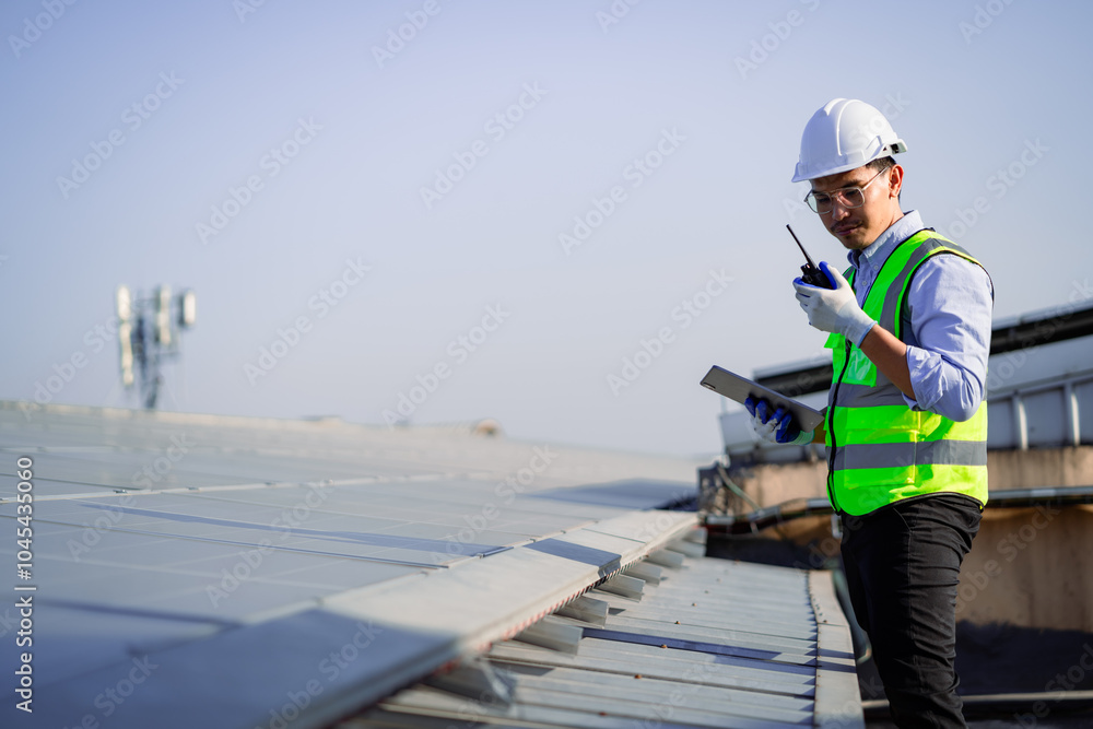 A man in a safety vest is standing on a roof, holding a radio and looking at a clipboard A man in a safety vest is standing on a roof, holding a radio and looking at a clipboard