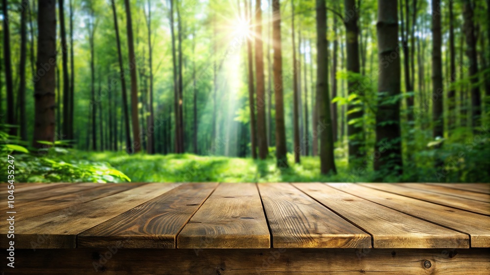 Rustic asymmetrical wooden table set against a lush green forest background Rustic asymmetrical wooden table set against a lush green forest background
