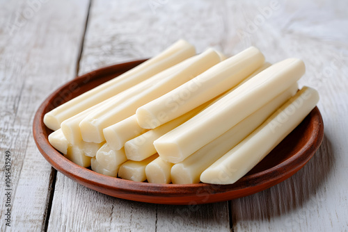 View of delicious string cheese on the plate on a wooden table