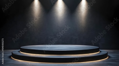 Gray floor podium dramatic empty night room table concrete, Minimalistic black and gray podium with dramatic lighting, empty round gray podium with steps on a background of glowing lamps